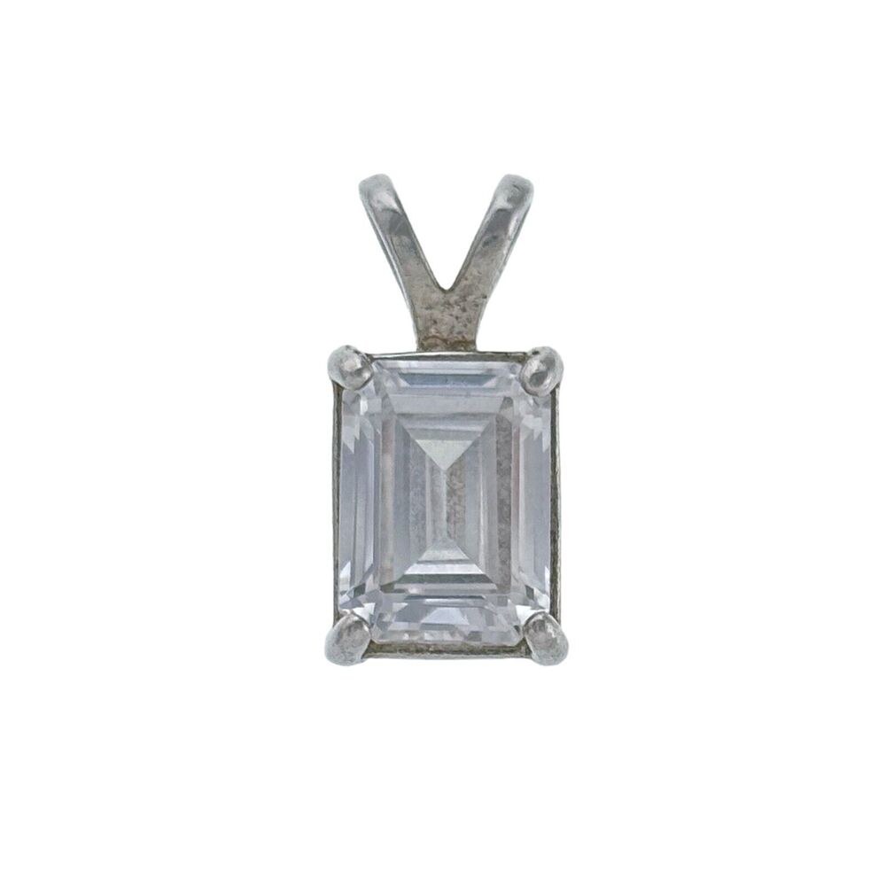 Vintage DQ Sterling Silver 925 Emerald Cut Clear Crystal Pendant